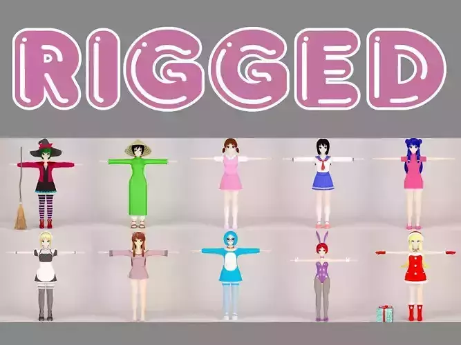  T pose rigged model of 10 toon girls 3D model