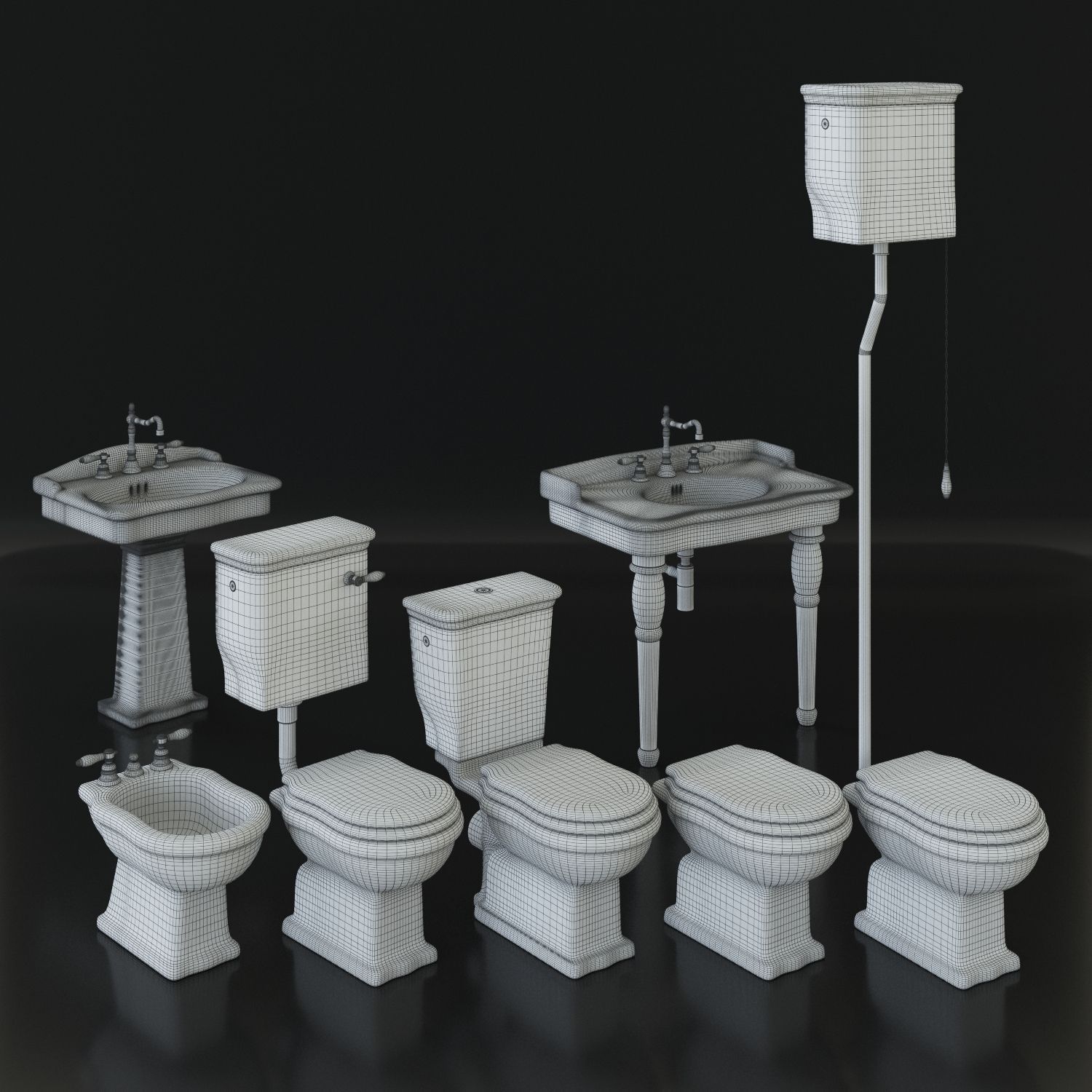Classical bathroom set - toilet bidet washbasin - Hermitage 3D model_1