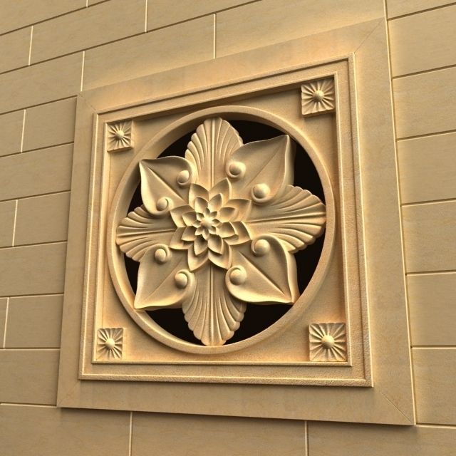 Carving ornate wooden panel with flower in center 3D model_2