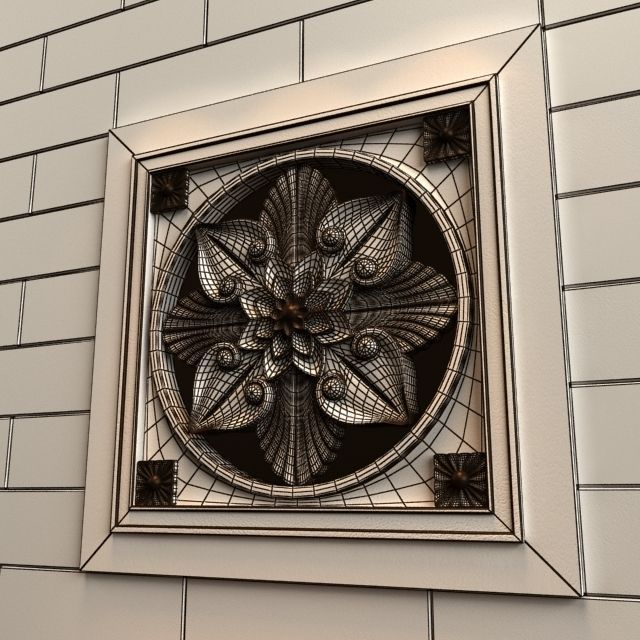 Carving ornate wooden panel with flower in center 3D model_1
