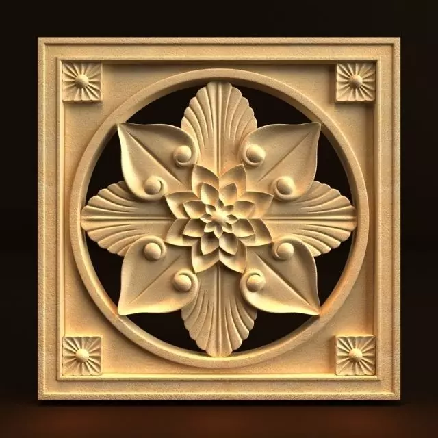 Carving ornate wooden panel with flower in center 3D model_0