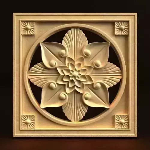 Carving ornate wooden panel with flower in center