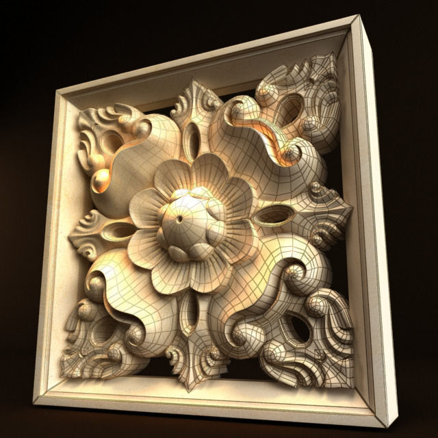 Carving ornate flower carved into wooden frame 3D model_3