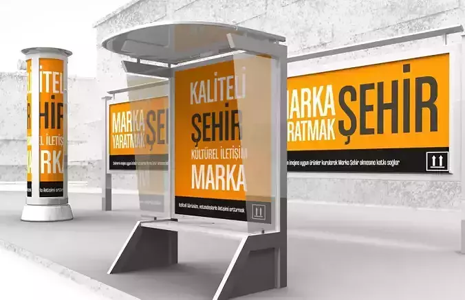 Billboard bus stop with two orange billboards