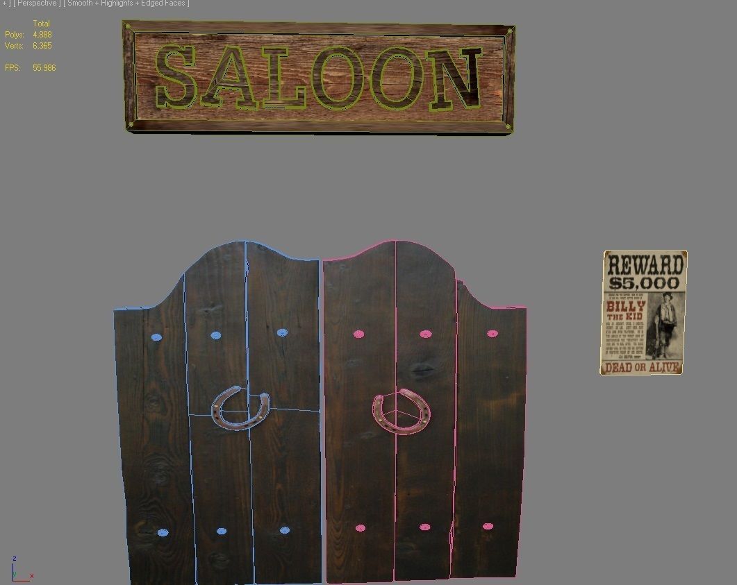 Door 28 with Saloon sign and wanted poster Low-poly 3D model_6