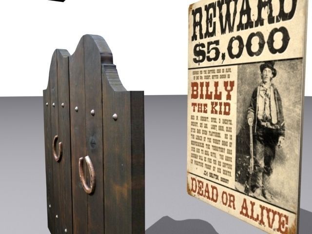 Door 28 with Saloon sign and wanted poster Low-poly 3D model_3