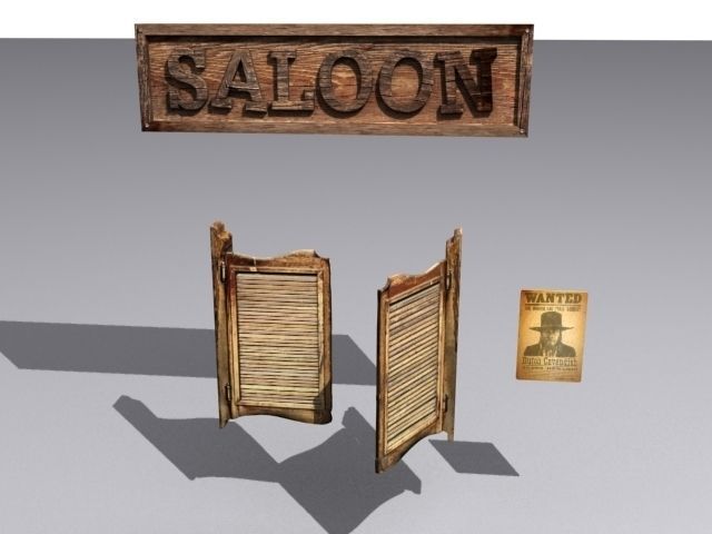 Door 29 with saloon sign and wanted poster Low-poly 3D model_1