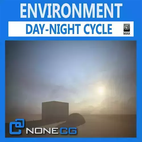 3D Environment building with sun setting behind it