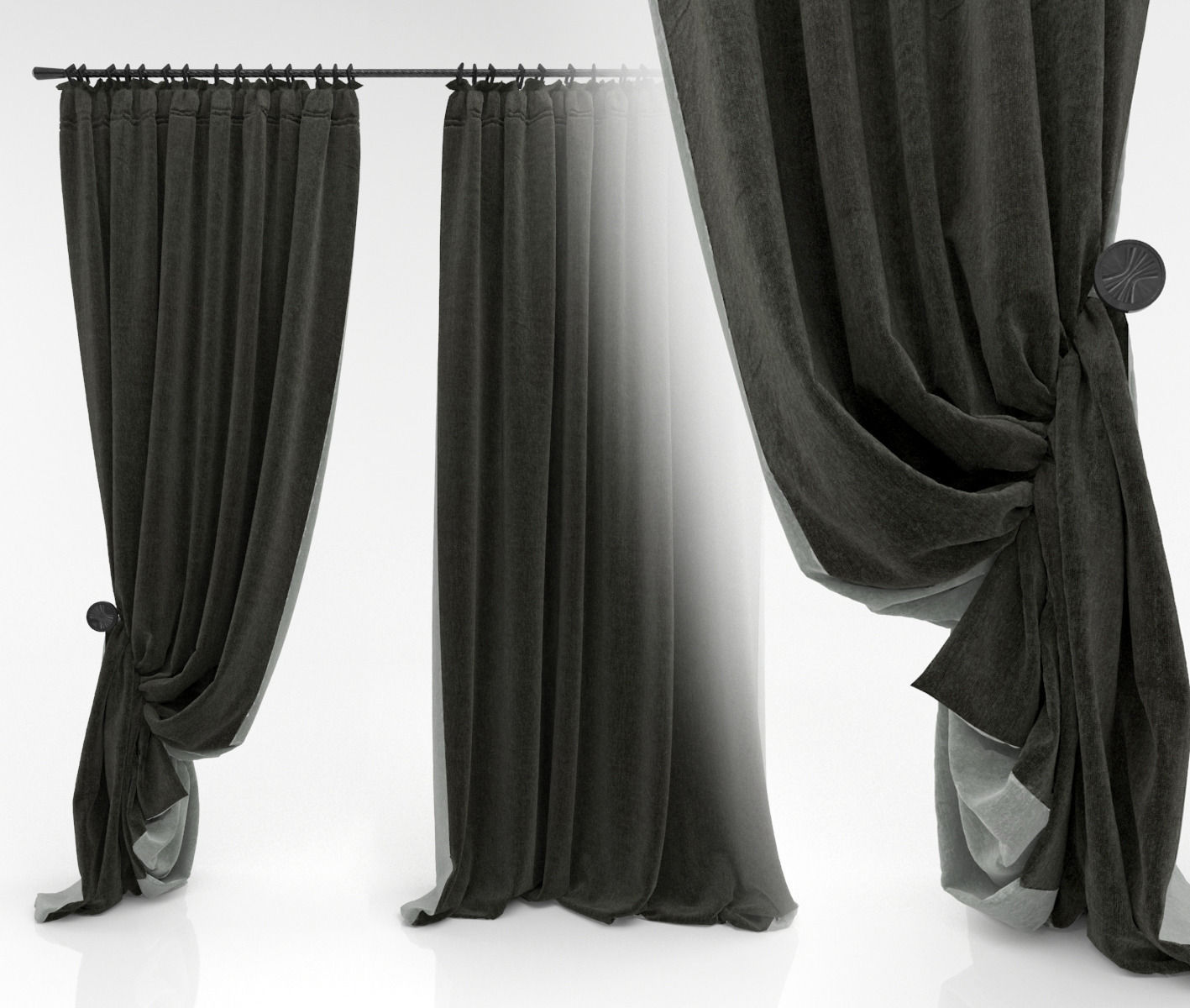Curtains pair of hanging on rod 3D model_2