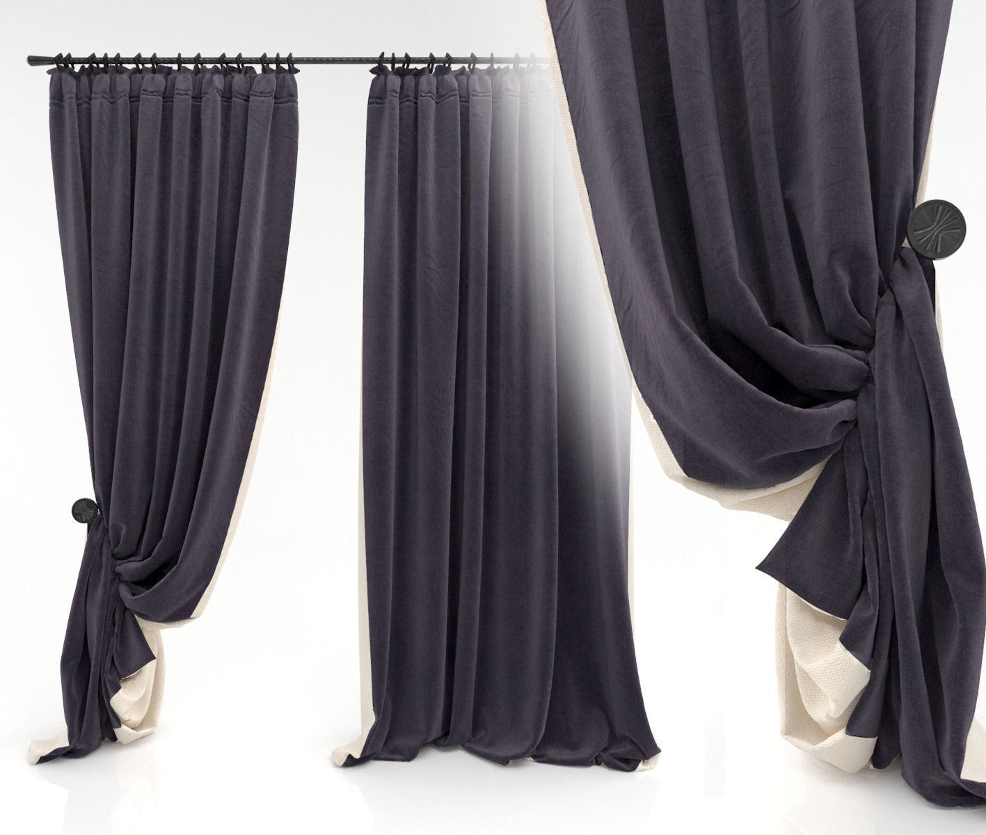 Curtains pair of hanging on rod 3D model_1