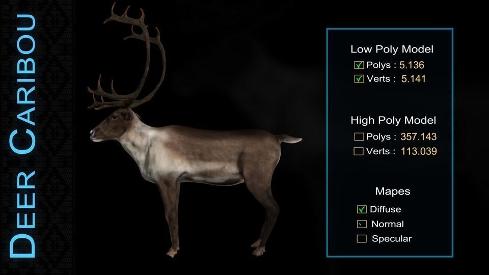 Deer Caribou Low-poly 3D model_4