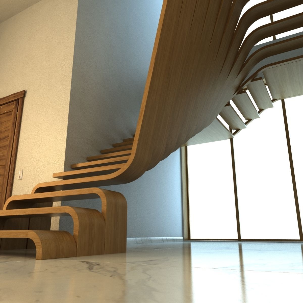 Creative wood stairs scene 3D model_1