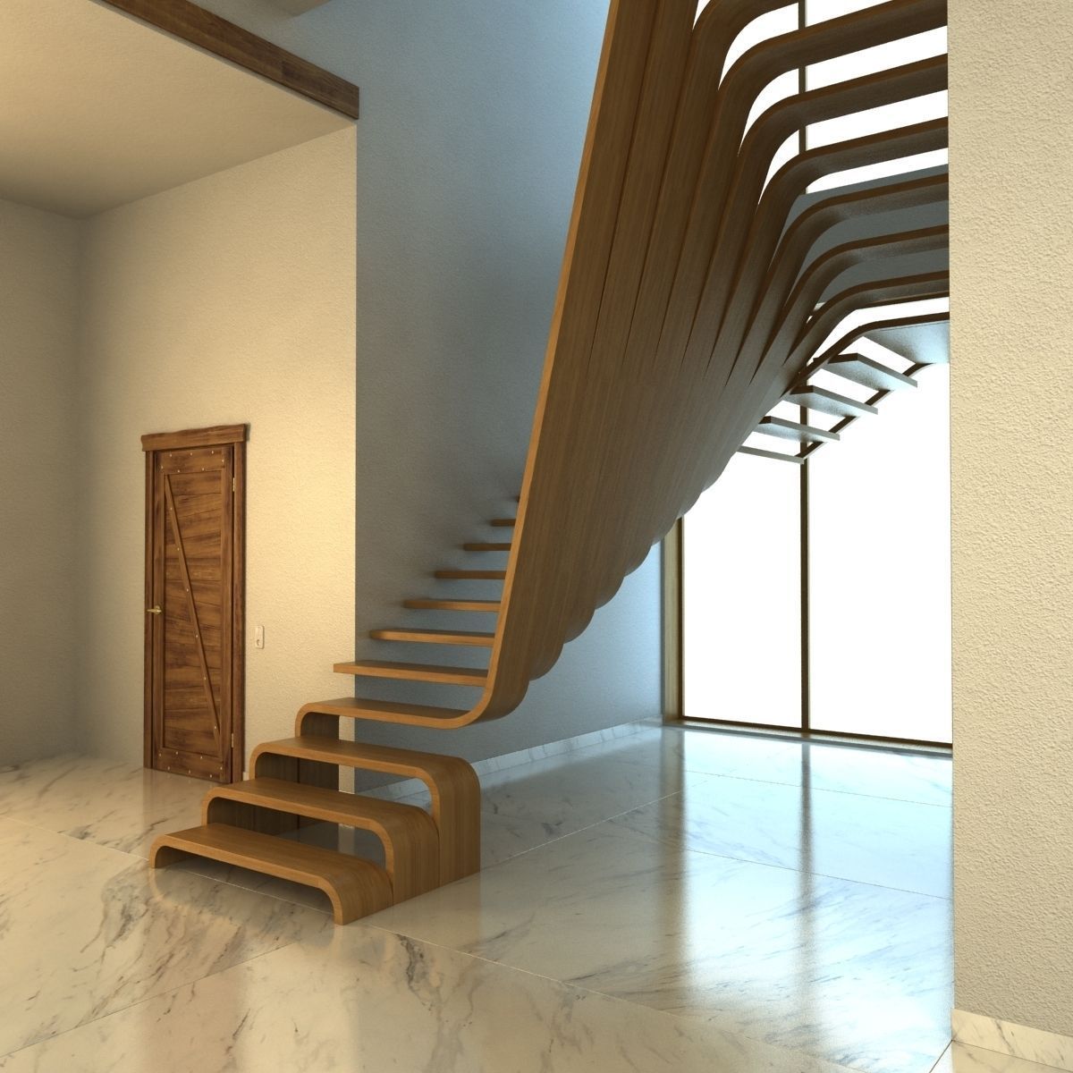 Creative wood stairs scene 3D model_2