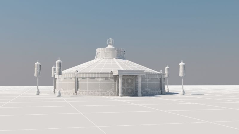 yurta round building in middle of grassy field 3D model_5