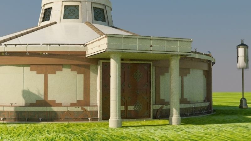 yurta round building in middle of grassy field 3D model_1