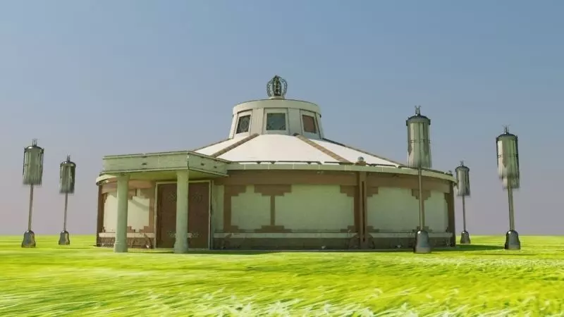 yurta round building in middle of grassy field 3D model_0