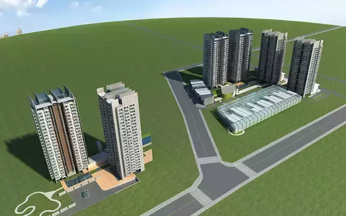 Architecture residential complex with tall buildings and area