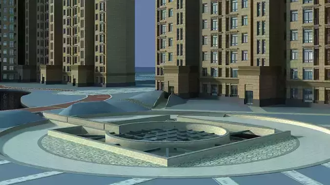 Architecture city with buildings and fountain