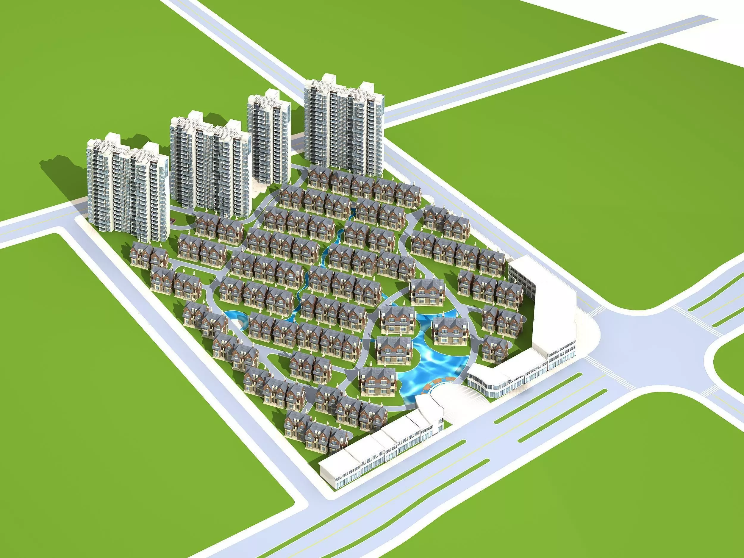 Architecture residential area with trees and buildings 3D model_0
