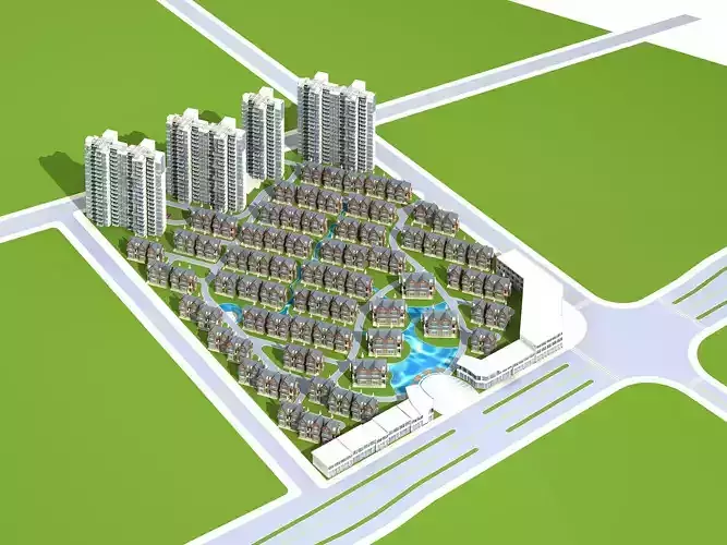 Architecture residential area with trees and buildings 3D model