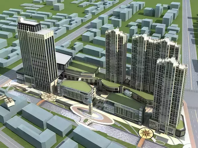 Architecture city with tall buildings and river