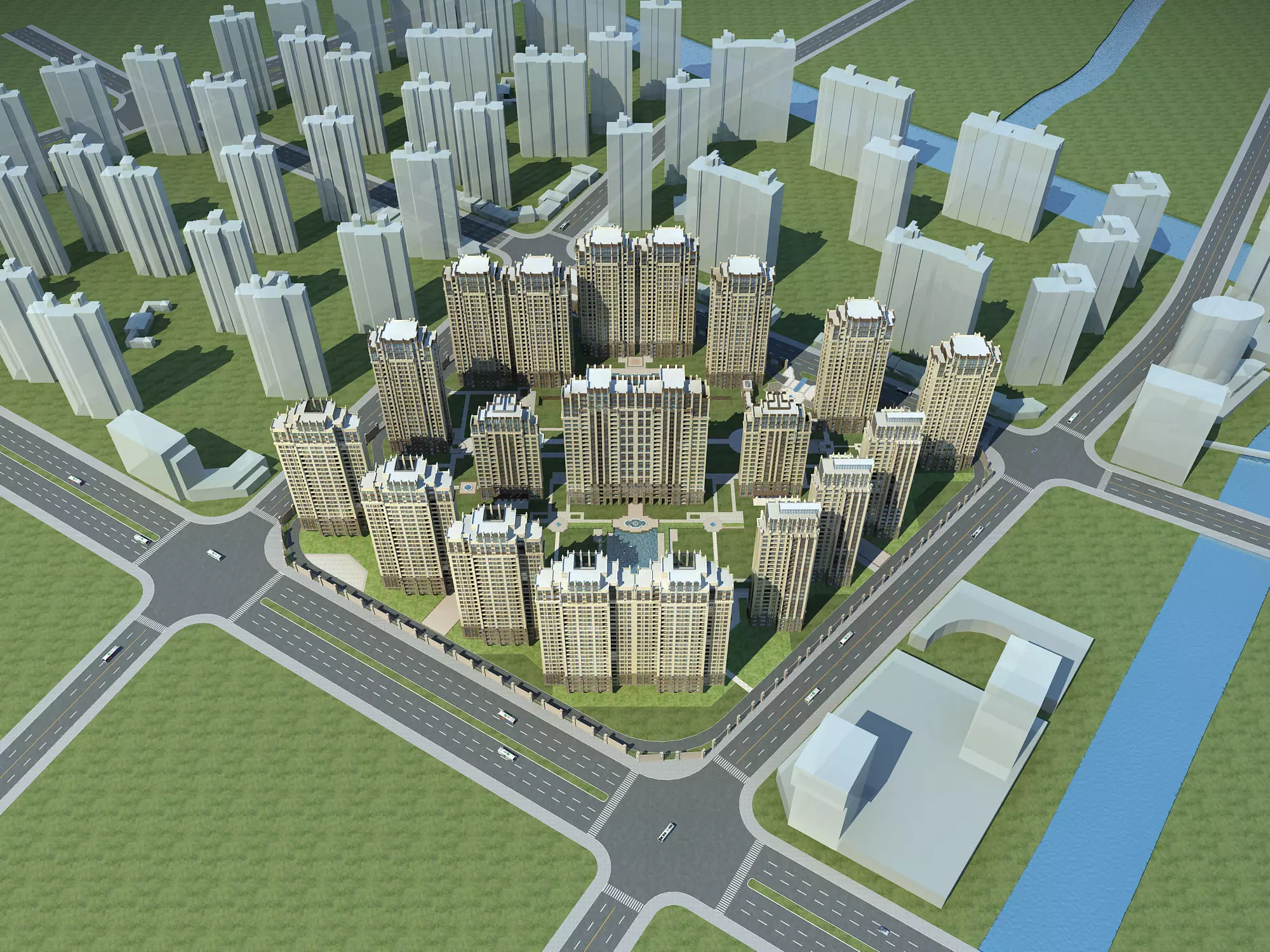 Architecture city with tall buildings and river 3D model_0