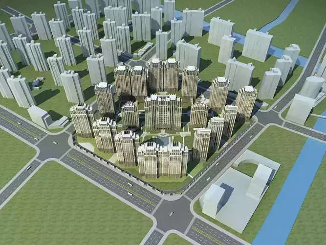 Architecture city with tall buildings and river