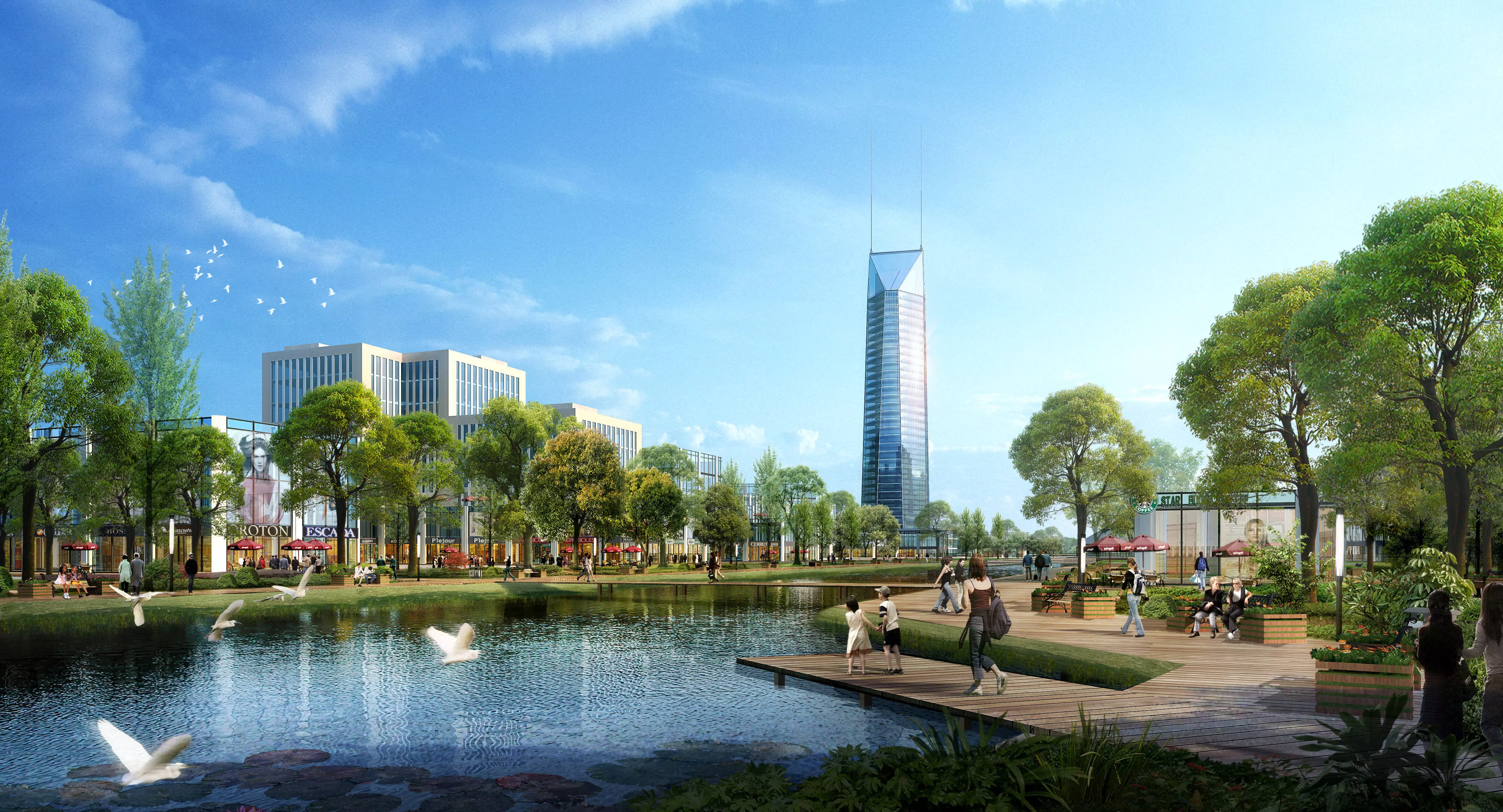 Architecture city with trees and pond 3D model_0
