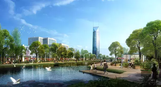 Architecture city with trees and pond 3D model