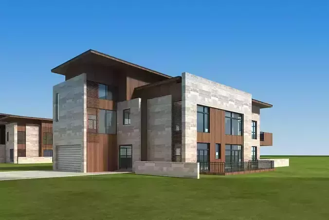 Villa modern house on grassy field