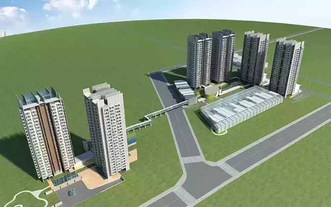 Architecture residential complex in middle of field