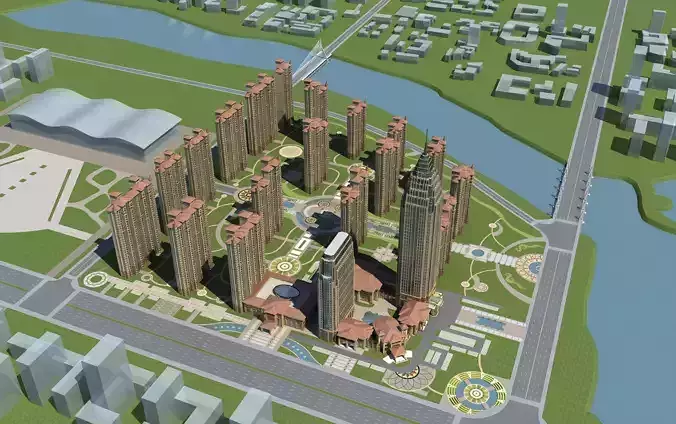 Architecture city with tall buildings and river