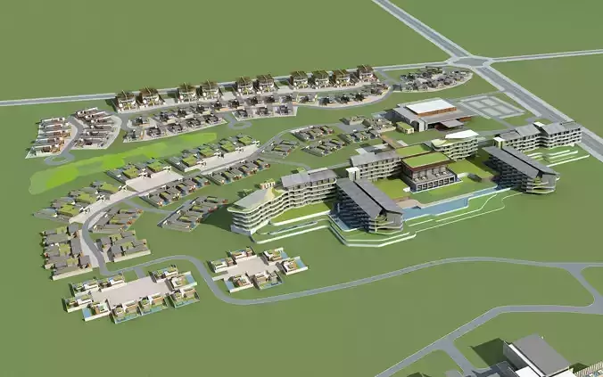 Architecture residential complex in middle of field