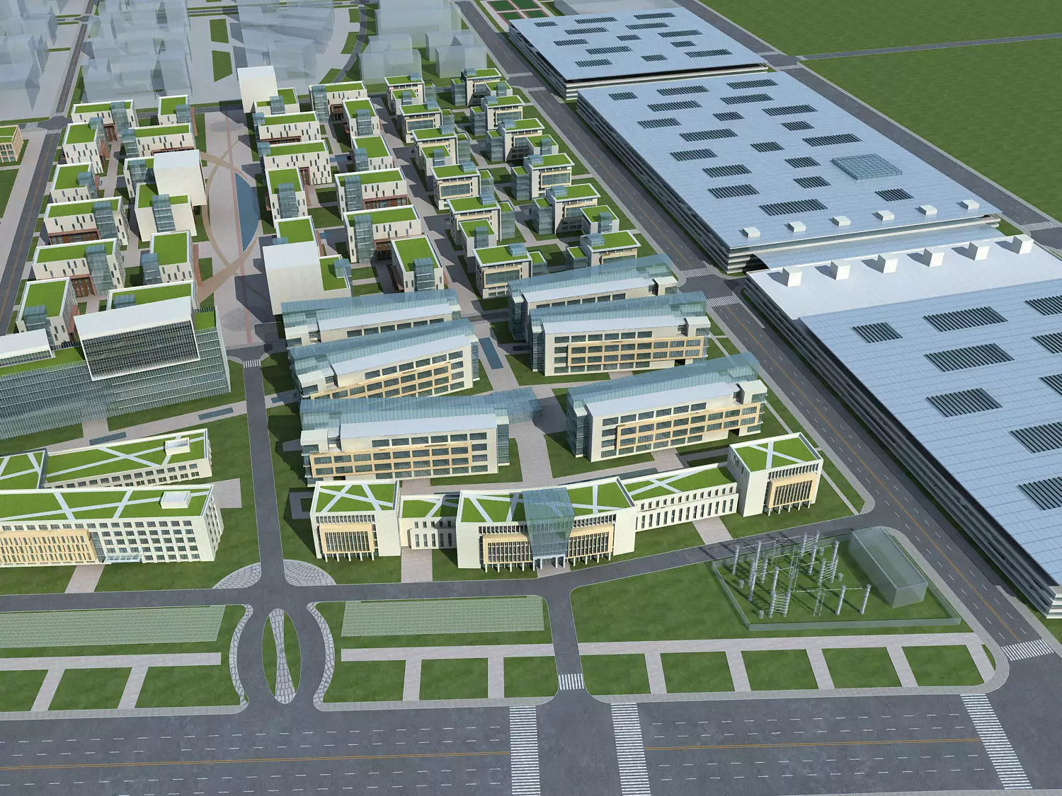 Architecture industrial complex with roofs 3D model_0