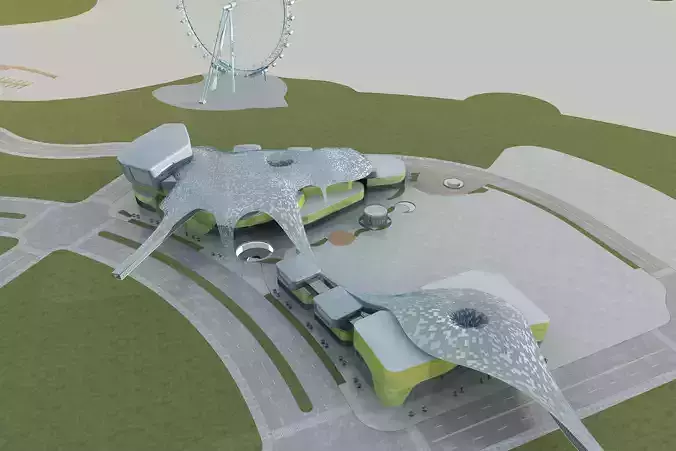 Architecture futuristic building with ferris wheel