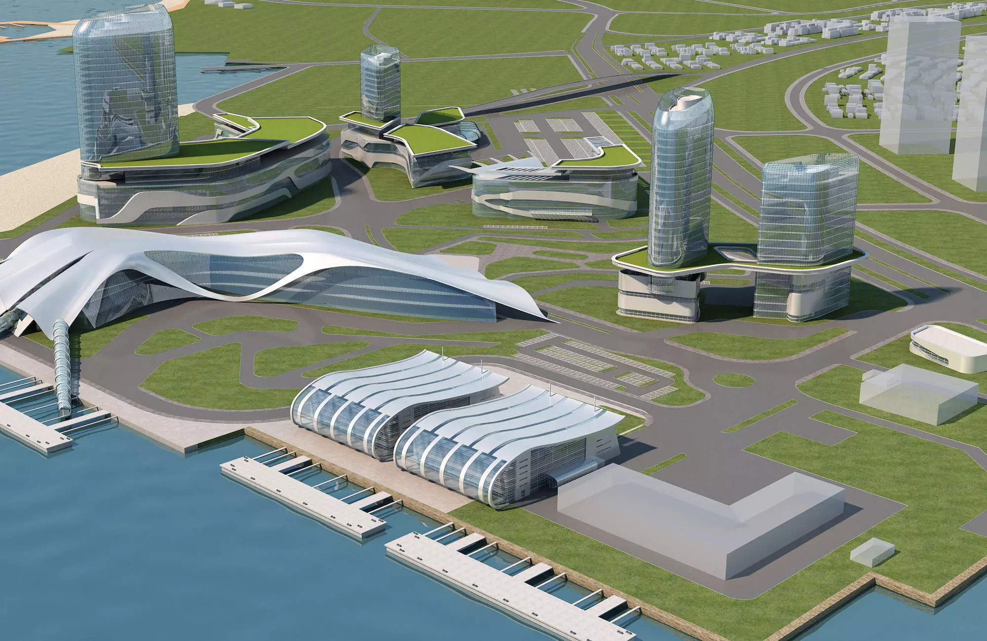 Architecture futuristic city near sea 3D model_0