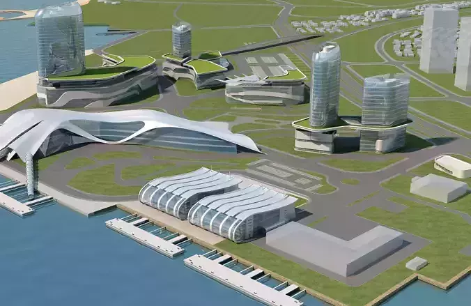 Architecture futuristic city near sea 3D model