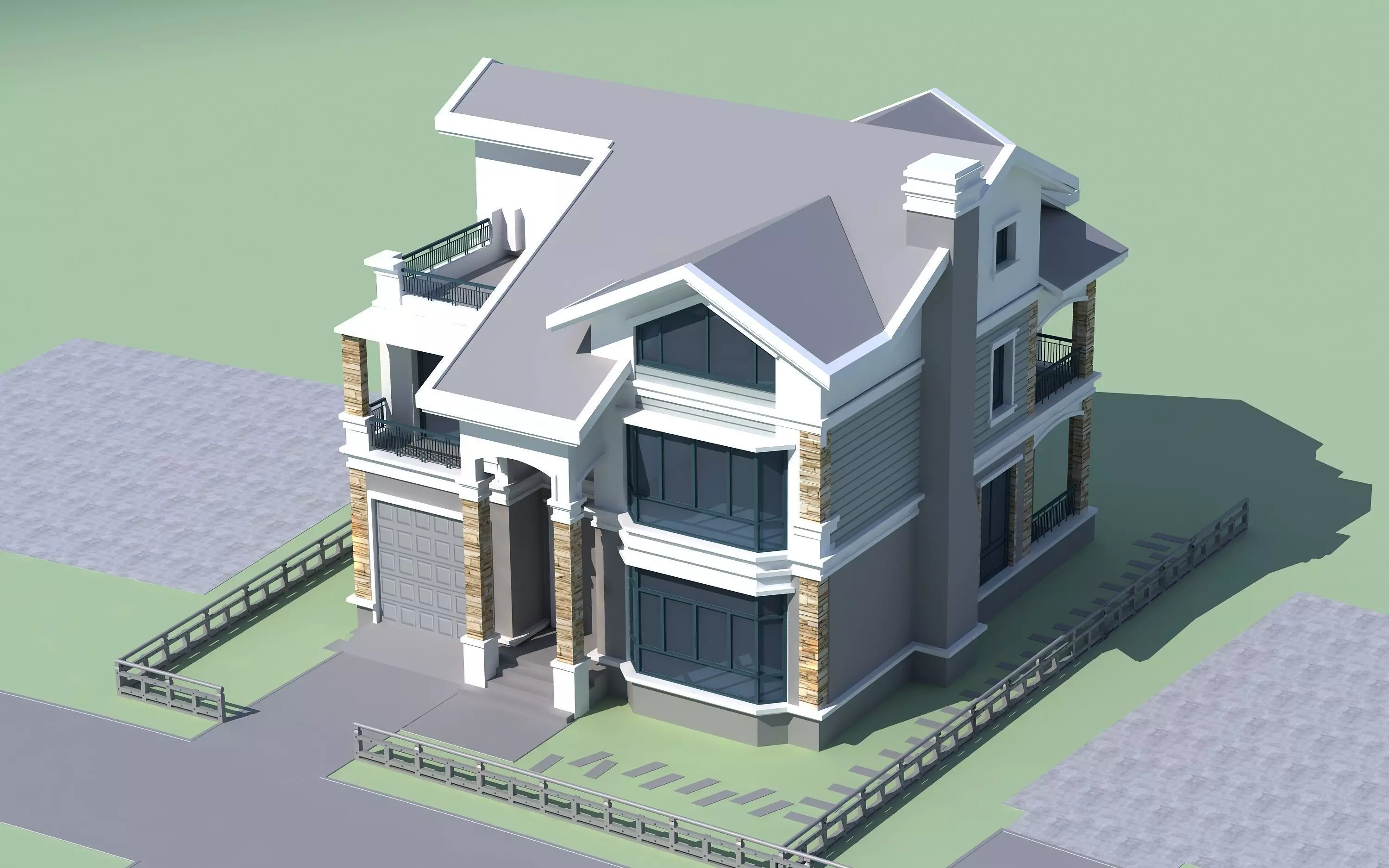 Architecture house with two stories and balcony 3D model_0