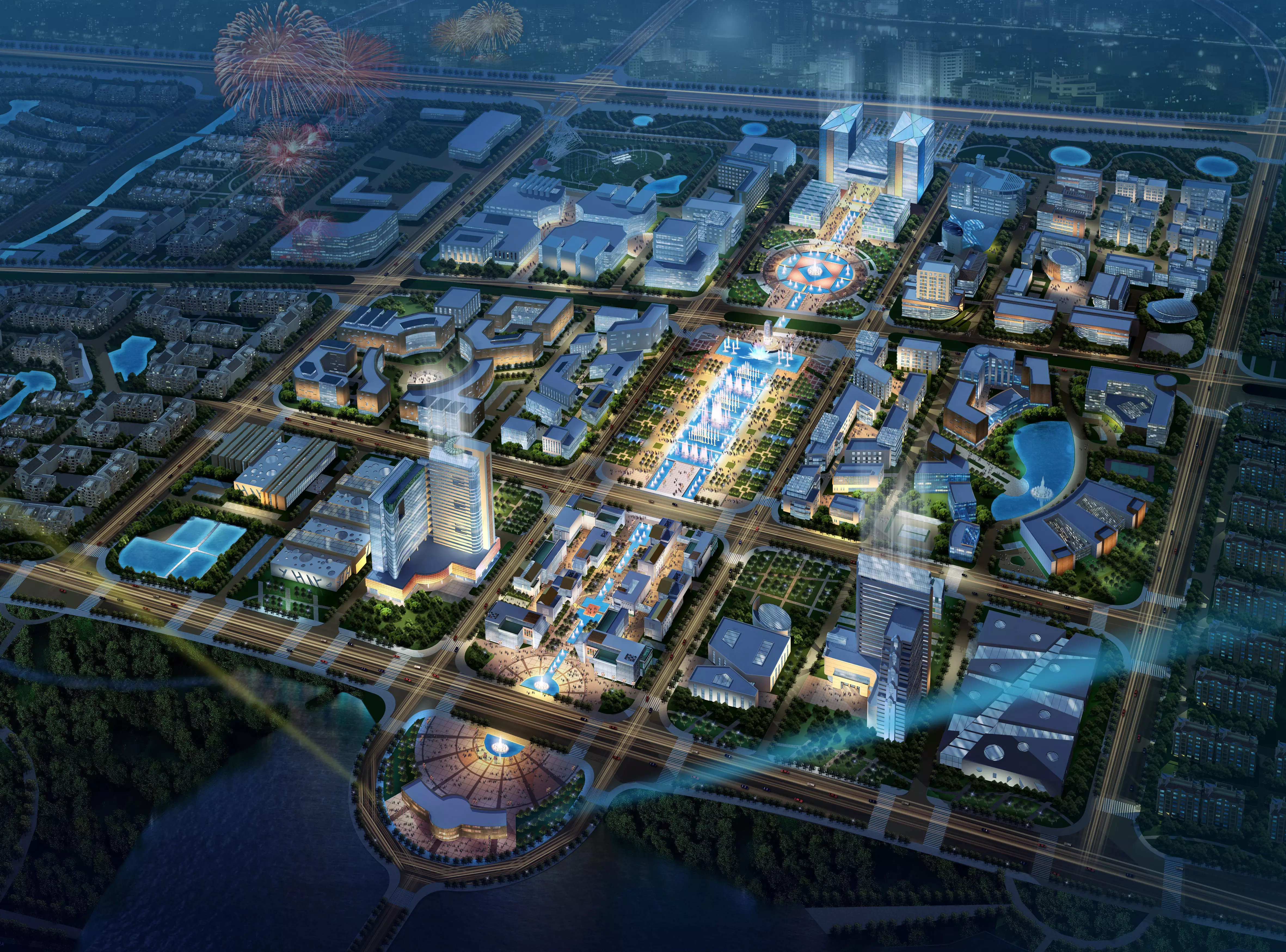 Architecture city at night with fireworks 3D model_0