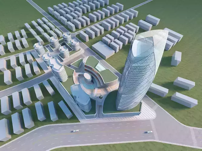 Architecture futuristic skyscraper in middle of city