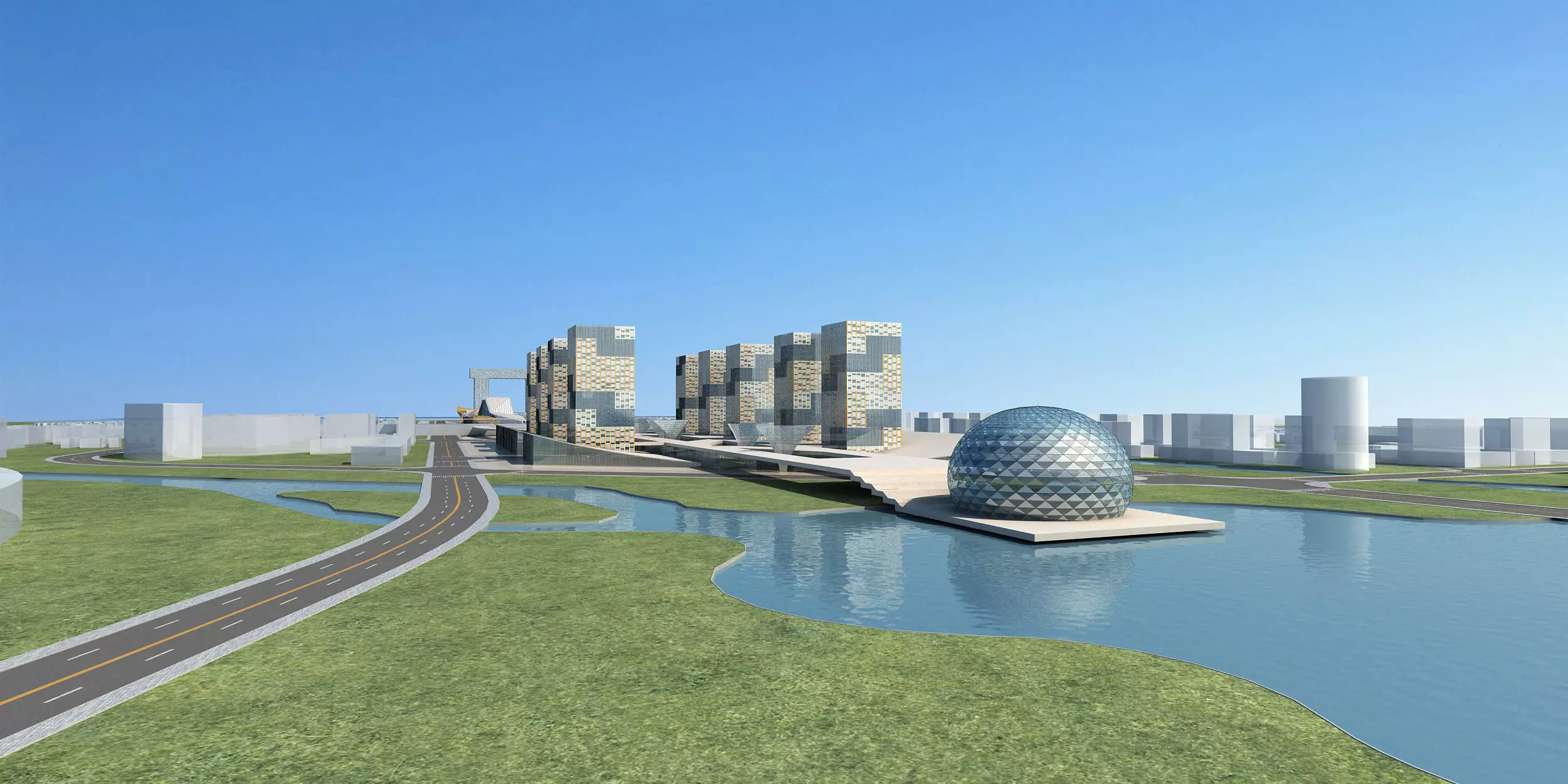 Architecture futuristic city near river 3D model_0