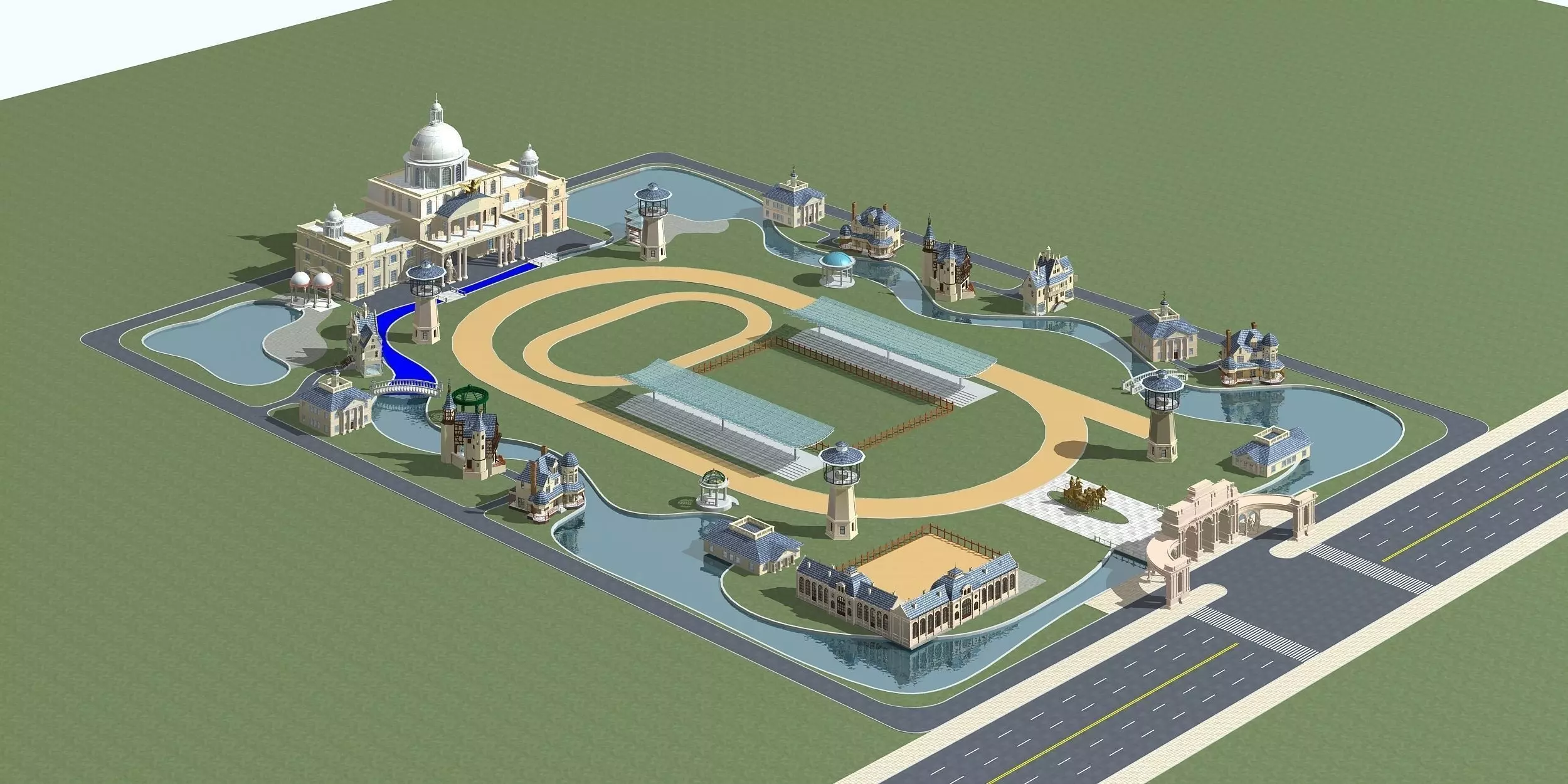 Architecture park with castle in middle 3D model