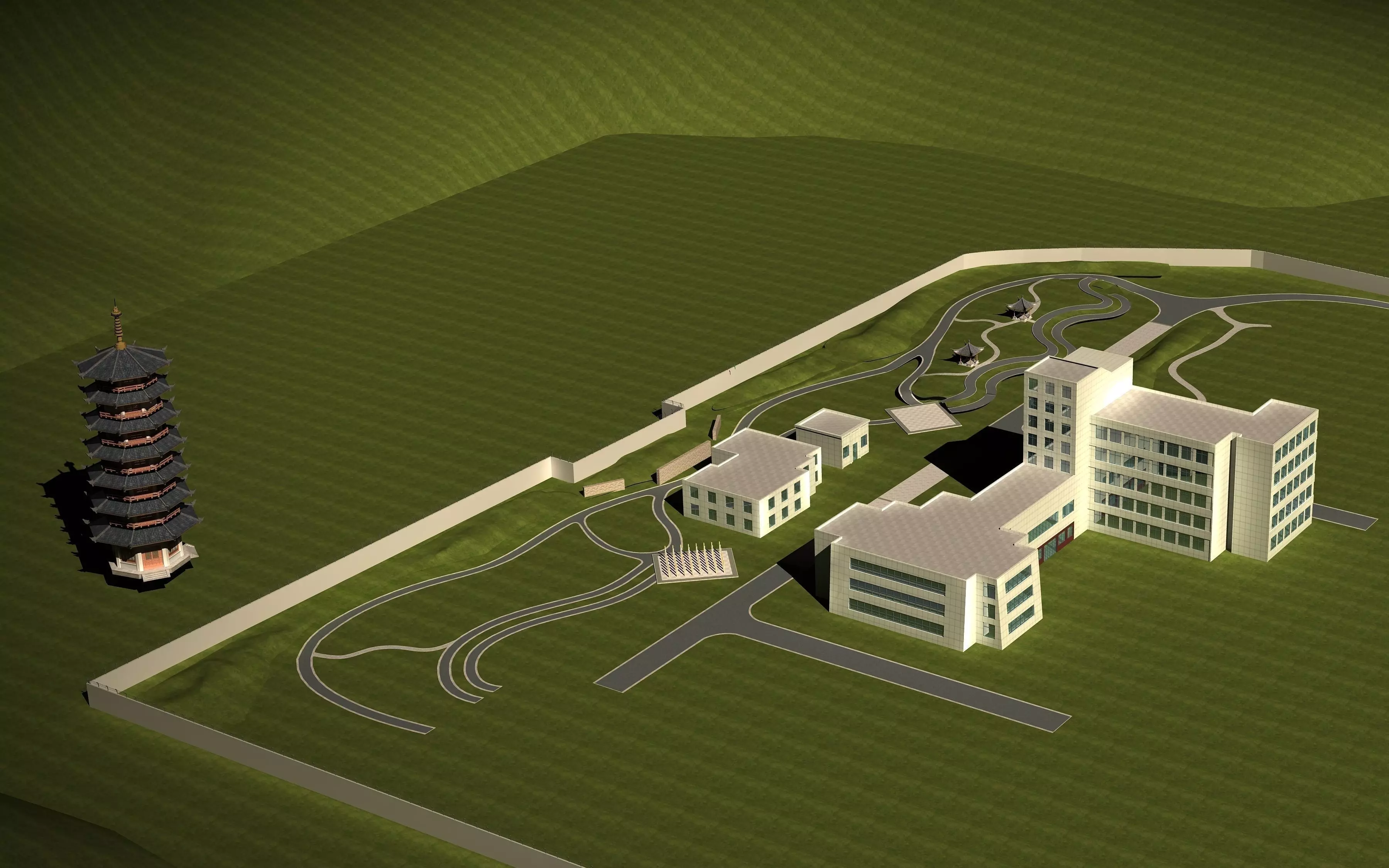Architecture building in middle of grassy field 3D model_0