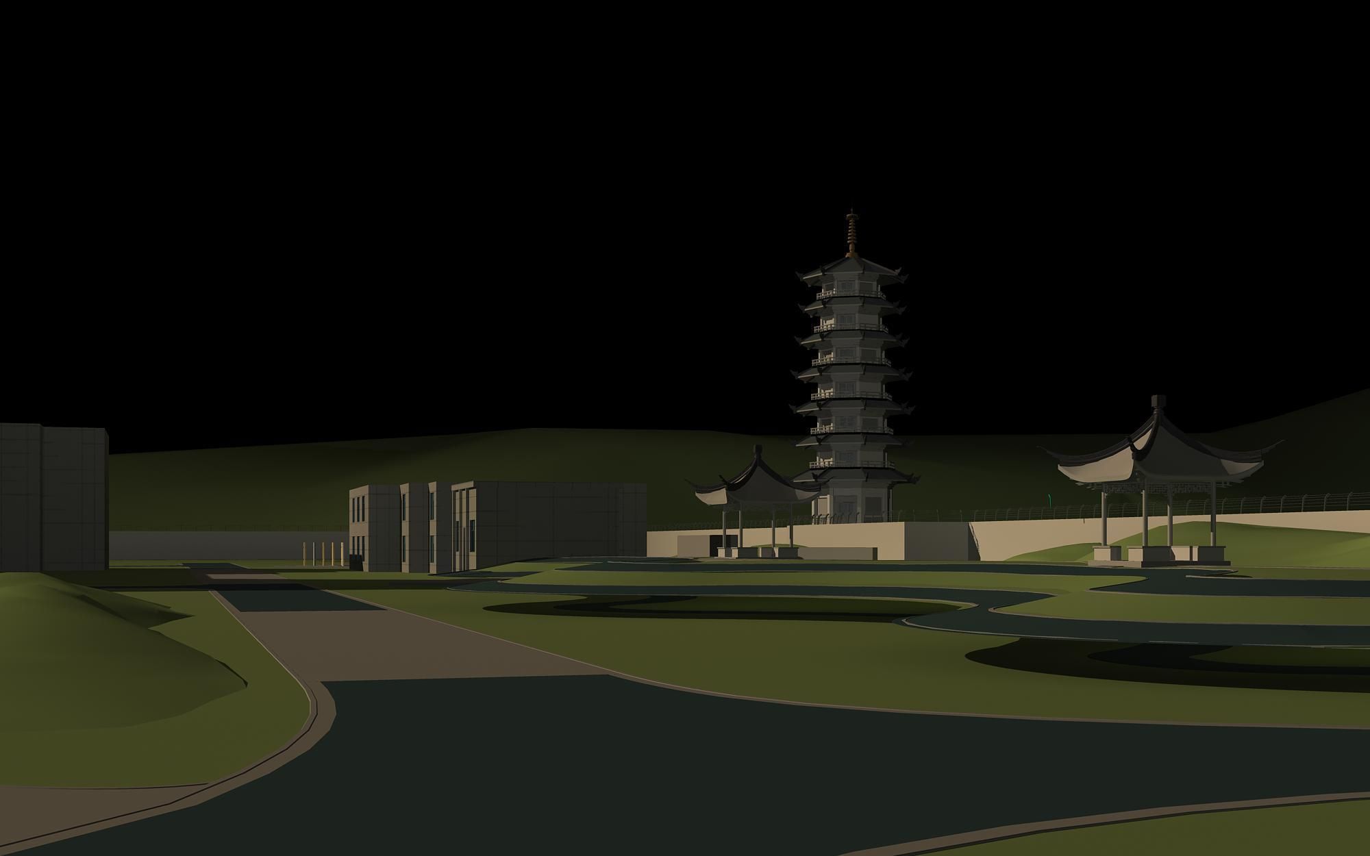 Architecture building in middle of grassy field 3D model_1