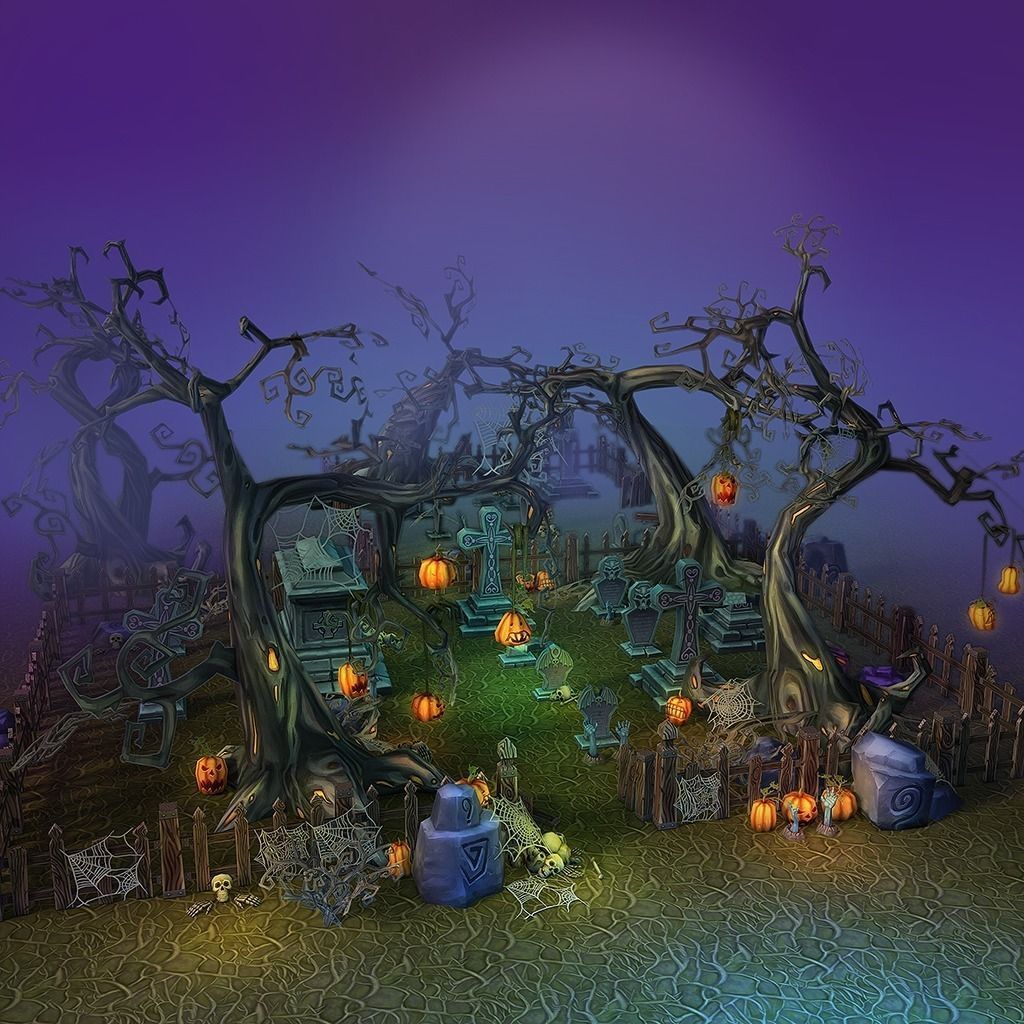 Low Poly Cemetery Halloween Set Low-poly 3D model_0