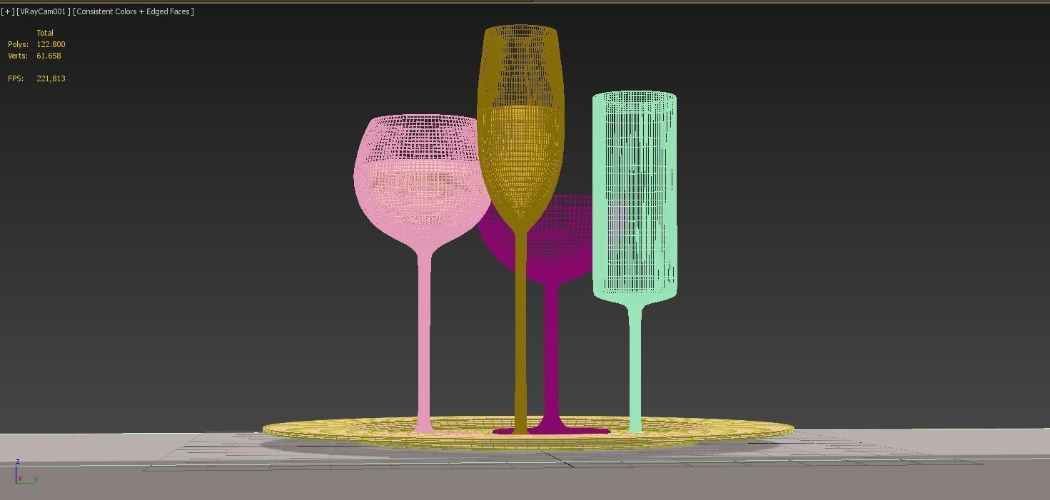 Glasses three wine on plate 3D model_5