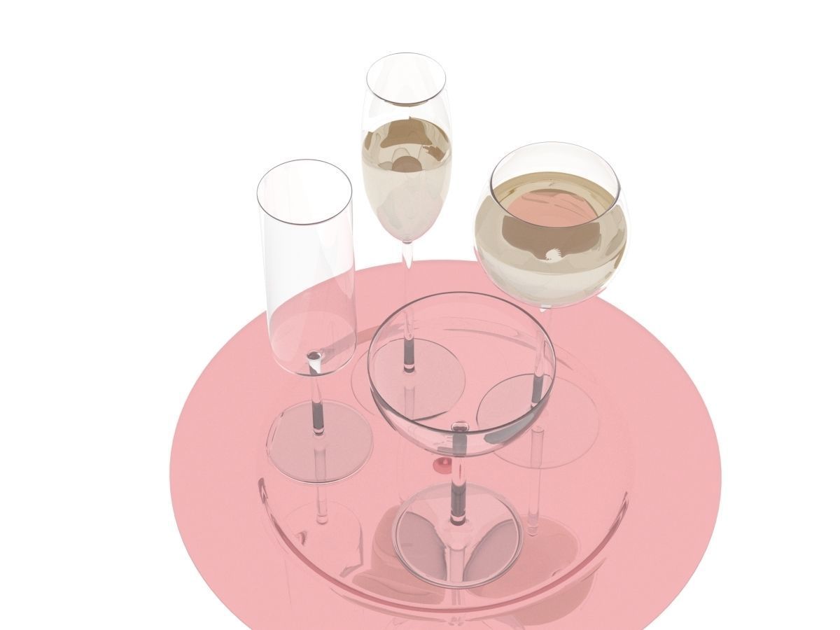 Glasses three wine on plate 3D model_2