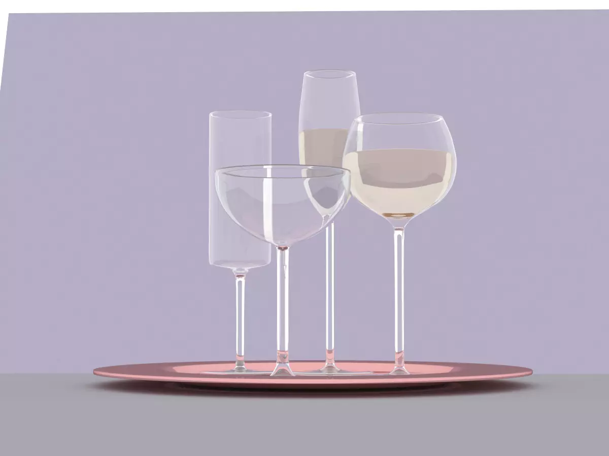 Glasses three wine on plate 3D model_0