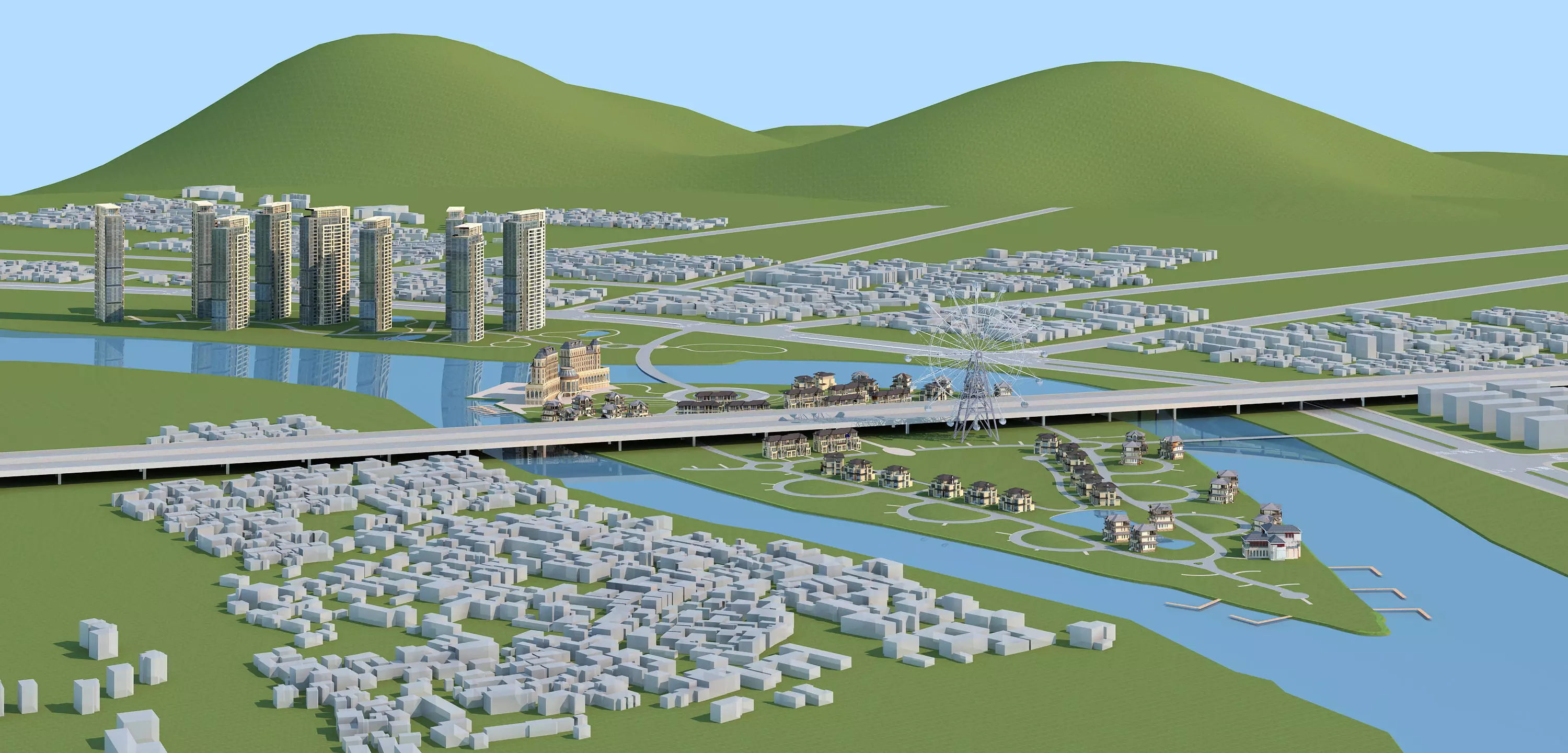Architecture city with buildings and river 3D model