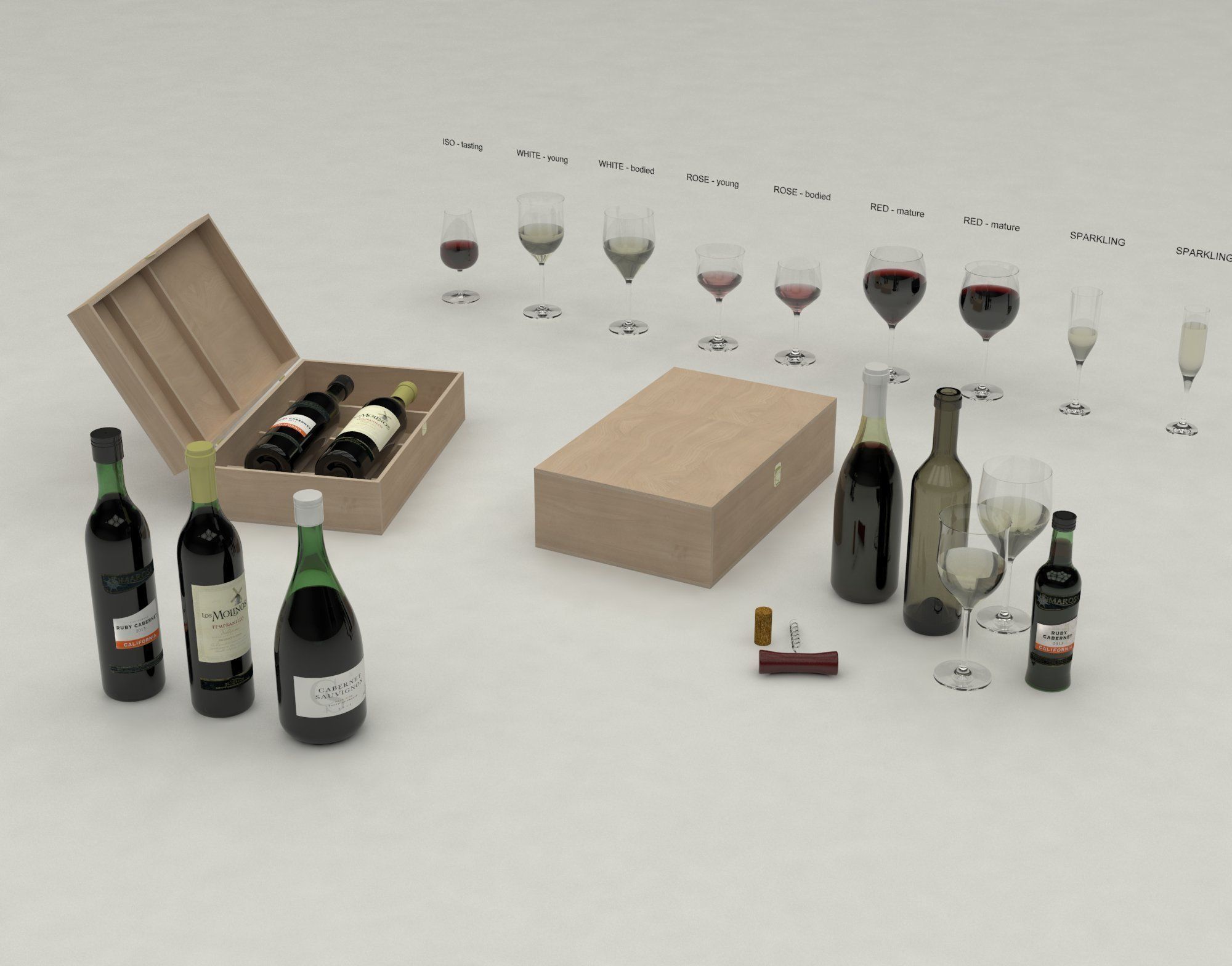 Wine set bottles in wooden box 3D model_4